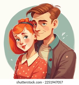 cute couple in cartoon style, valentine's day background