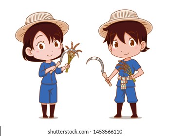 Cute couple cartoon of Thai farmers.