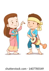 Cute couple cartoon of traditional Thai dancers.	Thai long drum dance.
