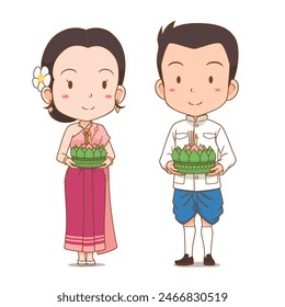 Linda pareja de dibujos animados en traje tradicional tailandés para el Festival Loy Krathong.