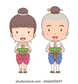 Cute couple cartoon in traditional Thai costume for Loy Krathong Festival.