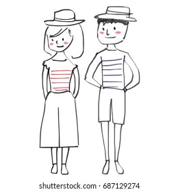 Cute couple in casual wears standing together. Vector illustration with fountain pen sketch style. Outline drawing isolated on white background.