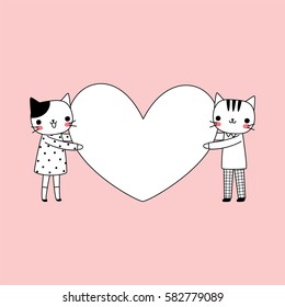 Cute couple cat boy and girl holding big heart. Greeting card, valentine's day, poster, party invitation, copy space for text, festive, celebrations. Vector illustration in a flat style.