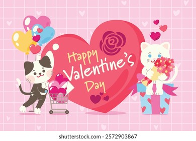 Cute Couple Cat Character Celebrate Valentine's Day Together With Love Sweet Elements Decoration, Greeting Card