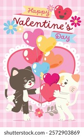 Cute Couple Cat Character Celebrate Valentine's Day Together With Love Sweet Elements Decoration, Greeting Card