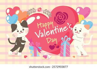 Cute Couple Cat Character Celebrate Valentine's Day Together With Love Sweet Elements Decoration, Greeting Card