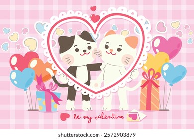 Cute Couple Cat Character Celebrate Valentine's Day Together With Love Sweet Elements Decoration, Greeting Card