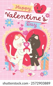 Cute Couple Cat Character Celebrate Valentine's Day Together With Love Sweet Elements Decoration, Greeting Card