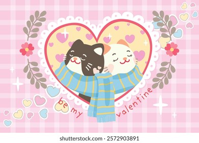 Cute Couple Cat Character Celebrate Valentine's Day Together With Love Sweet Elements Decoration, Greeting Card