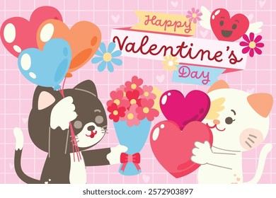 Cute Couple Cat Character Celebrate Valentine's Day Together With Love Sweet Elements Decoration, Greeting Card