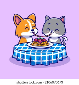 Cute Pareja Gato Y Perro Corgi Comer Spaghetti Juntos Vector De Caricatura Ilustración Icono Icono Ilustración. Vector Premium Aislado De Icono De Alimentos Animales. Estilo de dibujo plano