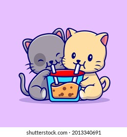 Cute Couple Cat Drink Boba Milk Tea Cartoon Vector Icon Illustration. Animal Drink Icon Concept Isolated Premium Vector. Flat Cartoon Style