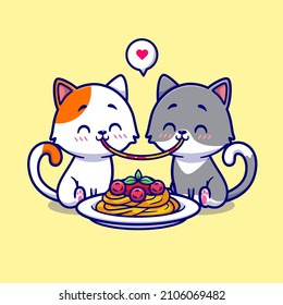 Cute Couple Cat Eating Spaghetti Together Cartoon Vector Icon Illustration. Animal Food Icon Concept Isolated Premium Vector. Flat Cartoon Style