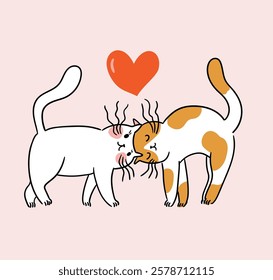 Cute couple cat in love. Vector illustration for Valentines day. Preppy cat greeting card design in hand-drawn style. 