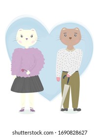 Cute couple of cat in modern clothes. Hand drawn vector cartoon illustration. Can be used for t-shirt print, kids wear fashion design, baby shower invitation card greeting card. Kids illustration