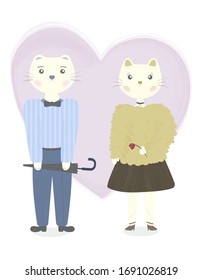 Cute couple of cat in modern clothes. Hand drawn vector cartoon illustration. Can be used for t-shirt print, kids wear fashion design, baby shower invitation card greeting card. Kids illustration