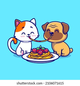 Cute Couple Cat And Pug Dog Eating Spaghetti Together Cartoon Vector Icon Illustration. Animal Food Icon Concept Isolated Premium Vector. Flat Cartoon Style