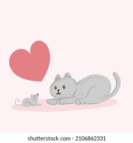 Cute couple cat and rat with heart love  valentine card vector illustration 