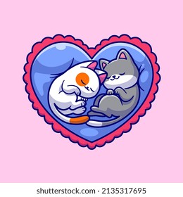 Cute Couple Cat Sleeping On Love Pillow Cartoon Vector Icon Illustration. Animal Nature Icon Concept Isolated Premium Vector. Flat Cartoon Style