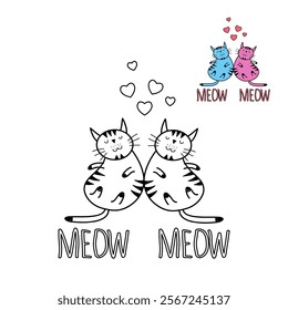 Cute couple Cat Valentine Coloring Page. Cute Cats cuddling , meow meow , hearts