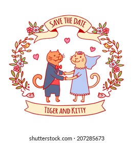 Cute couple of cats. Bride and Groom. Save the date. Wedding invitation.