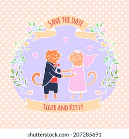 Cute couple of cats. Bride and Groom. Save the date. Wedding invitation.