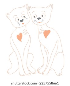 A cute couple of cats communicate through WiFi hearts. Vector illustration in line art style. Postcard for valentine's day.