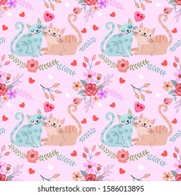 Cute couple of cats with heart shapes and flowers, seamless pattern.