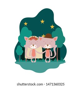 cute couple of cats with landscape background