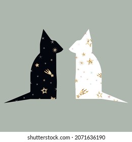 Cute couple cats with mystical boho style. Black and white silhouette cat in oriental style with stars. Cats yin and yang tattoo. Symbol harmony and balance. Vector illustration