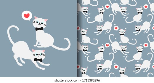 Cute couple cats with ribbon and tiny heart seamless pattern on blue background. Vector illustration.