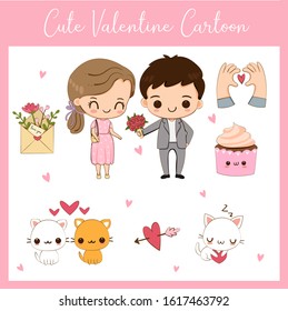 cute couple and cats with Valentine elements cartoon