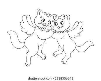 Cute couple of cats with wings. Coloring book page for kids. Cartoon style character. Vector illustration isolated on white background. Valentine's Day.