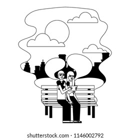 cute couple with chair park and speech bubble in landscape