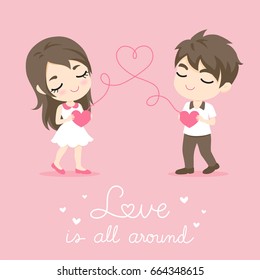 Cute Couple, Character design of happy man and woman with heart shape on pink bacground, vector illustration