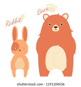 A cute couple of characters. Hare and bear, and traces of their paws. Forest animals. Child illustration.