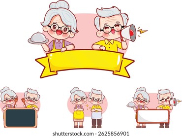 Cute couple chef grandparents cartoon logo. Happy Grandpa and grandma character. Street food logo design premium vector.