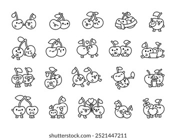 Cute couple of cherries. Coloring Page. Friendship of adorable characters. Hand drawn style. Vector drawing. Collection of design elements.