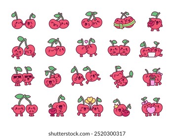 Cute couple of cherries. Friendship of adorable characters. Hand drawn style. Vector drawing. Collection of design elements.