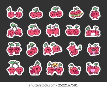 Cute couple of cherries. Sticker Bookmark. Friendship of adorable characters. Hand drawn style. Vector drawing. Collection of design elements.