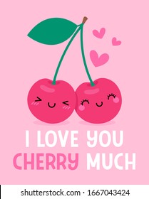 Cute Couple Cherry Cartoon With Pun Quote “I Love You Cherry Much” For Valentine's Day Card Design