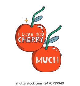 Cute couple cherry with pun quote “I love you cherry much” greeting card for St. Valentine's day