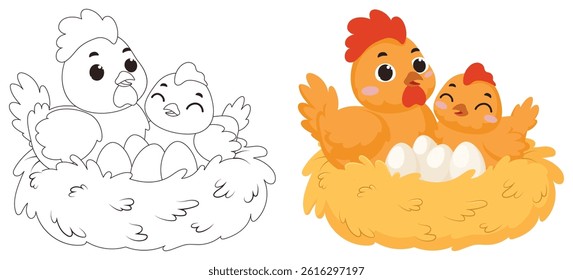 Cute couple chicken, hen and rooster cartoon coloring page for children education