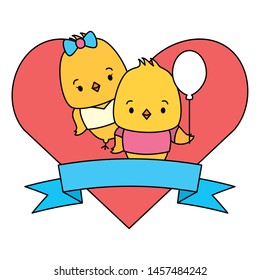 cute couple chicks animals heart love ribbon vector illustration