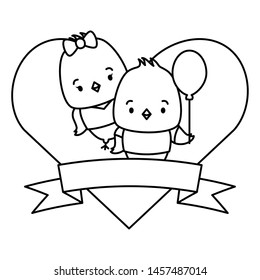 cute couple chicks animals heart love ribbon vector illustration