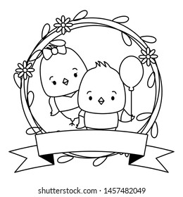 cute couple chicks animals wreath flowers vector illustration