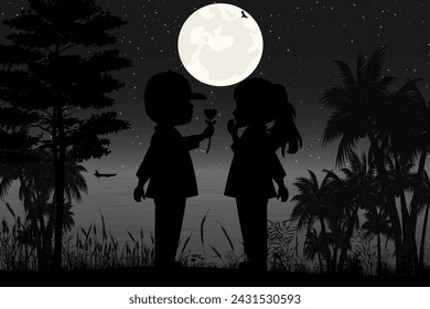 cute couple child silhouette landscape