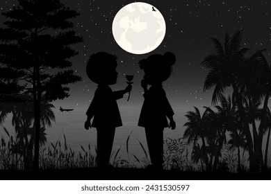 cute couple child silhouette landscape