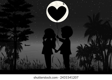 cute couple child silhouette landscape