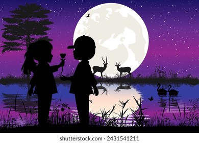 cute couple child silhouette landscape